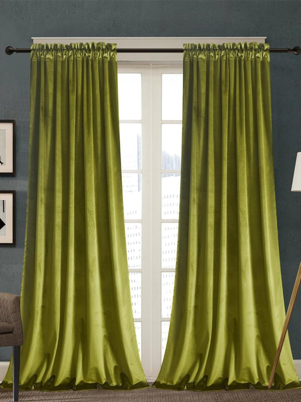 Olive Green Velvet Curtains W52 x L96 inches Long, 2 Panels